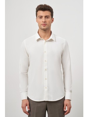 Açık Krem Uzun Kol Kendinden Desenli Armürlü 041 Sert Yaka Classic Comfort Fit Gömlek 1004245154