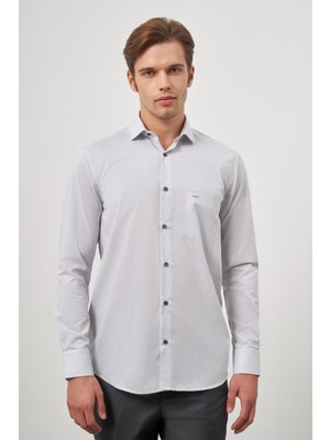 Gri Uzun Kol Desen Yarım İtalyan Cepli Pamuklu Classic Comfort Fit Gömlek 1004245174