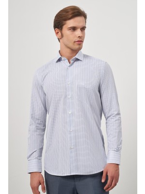 Beyaz Uzun Kol Kareli Desen Yarım İtalyan Yaka Cepli Pamuklu Classic Comfort Fit Gömlek 1004245178