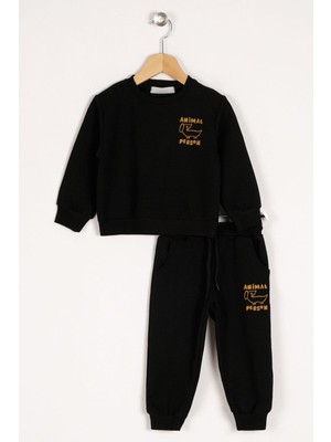 Bisiklet Yaka Uzun Kol Anımal Person Baskılı Siyah Renk Erkek Çocuk Esofman Takım