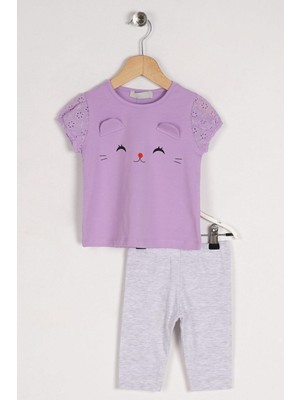 Zepkids Kız Çocuk Lila Renkli Kedi Baskılı Kolları Lastikli Taytlı Takım