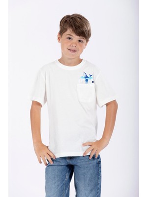 Zepkids Bisiklet Yaka Kısa Kol Balına Baskılı Ekru Renk Erkek Çocuk Tshirt