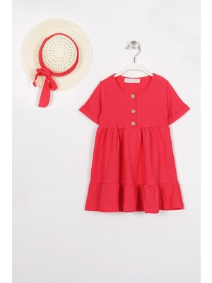 Zepkids Bisiklet Yaka Kısa Kol Fırfırlı Dugmelı Fuşya Renk Kız Çocuk Elbıse