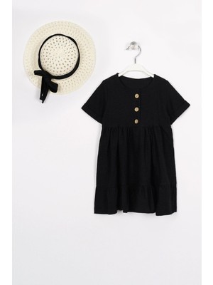 Düğme Detaylı Fırfırlı Şapkalı Siyah Renk Kız Çocuk Elbise