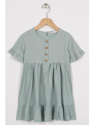 Bisiklet Yaka Kısa Kol Fırfırlı Dugmelı Mint Renk Kız Çocuk Elbıse