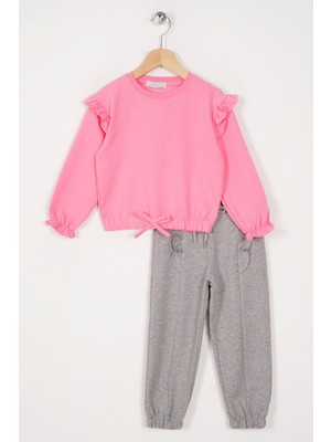 Zepkids Kız Çocuk Pembe Renkli Fırfırlı Önden Fiyonklu Takım