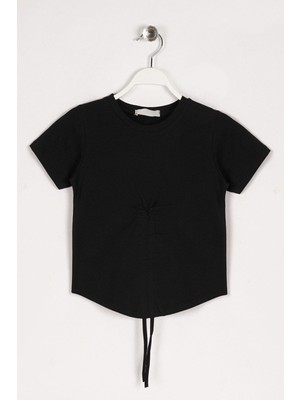 Zepkids Kız Çocuk Siyah Renkli Ön Bağcık Detaytlı Tişört