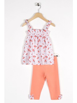 Zepkids Askılı Çilek Baskılı Somon Renk Kız Çocuk Taytlı Takım