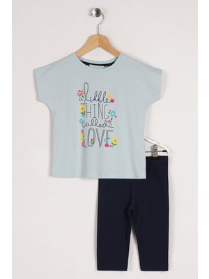 Zepkids Kız Çocuk Mint Lacivert Renkli Little Thing Colled Love Baskılı Ikili Takım