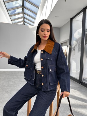 Esra Helvacı Kadife Yaka Detaylı Denim Ceket