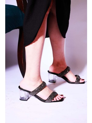UYG Kadın Günlük Kullanım Şeffaf Topuklu Taşlı Siyah Terlik Suni Deri Malzeme ile Şık Tasarım