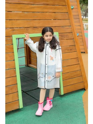 Mofy Baby Kız Çocuk Yağmurluğu Eva Kumaş Kapüşonlu Desenli Cepsiz Çıtçıtlı Sırt Çantası ile Giyilebilir Çocuk Yağmurluk