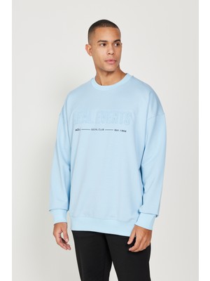 AC&Co / Altınyıldız Classics Erkek Mavi Oversize Bol Kesim Içi Polarlı 3 Iplik Bisiklet Yaka Pamuklu Sweatshirt