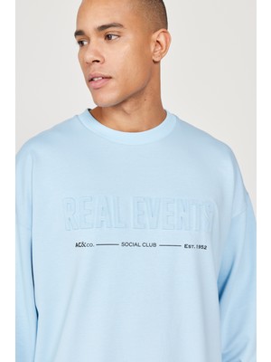 AC&Co / Altınyıldız Classics Erkek Mavi Oversize Bol Kesim Içi Polarlı 3 Iplik Bisiklet Yaka Pamuklu Sweatshirt