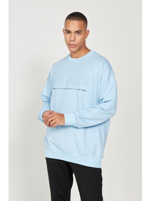 AC&Co / Altınyıldız Classics Erkek Mavi Oversize Bol Kesim Içi Polarlı 3 Iplik Bisiklet Yaka Pamuklu Sweatshirt