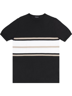 ALTINYILDIZ CLASSICS Erkek Sıyah-ekru Standart Fit Normal Kesim Bisiklet Yaka %100 Pamuk Çizgili Triko Tişört