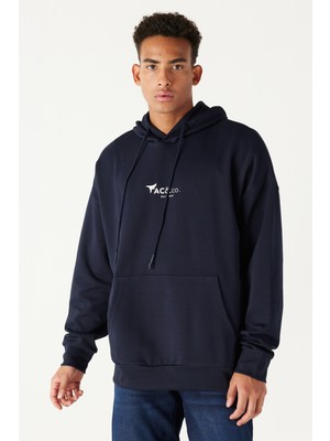 Altınyıldız Classics Erkek Lacivert Oversize Bol Kesim Kapüşonlu Pamuklu Baskılı Sweatshirt