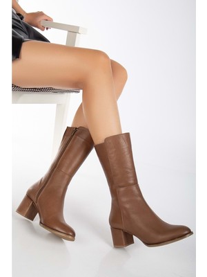 Analin Shoes Kadın Deri Şık Topuklu Uzun Bot - Ceviz