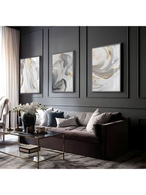 Harikabirev Gold-Gri Soyut Kombini 01 |Çerçeveli Cam Tablo  3lü Dikey