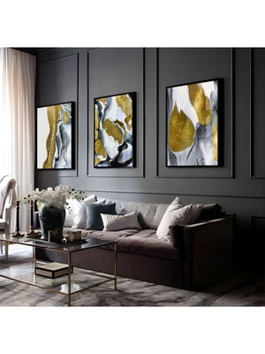 Harikabirev Gri-Beyaz-Gold Soyut Kombini 02 |Çerçeveli Cam Tablo  3lü Dikey
