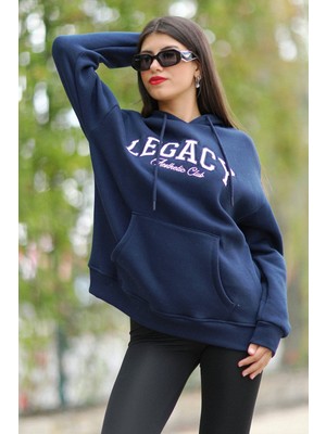 Giysa Kadın Lacivert Legacy Nakışlı Oversize Kapüşonlu Kanguru Cep Şardonlu 3İp Sweat - 2535