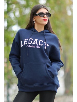 Giysa Kadın Lacivert Legacy Nakışlı Oversize Kapüşonlu Kanguru Cep Şardonlu 3İp Sweat - 2535