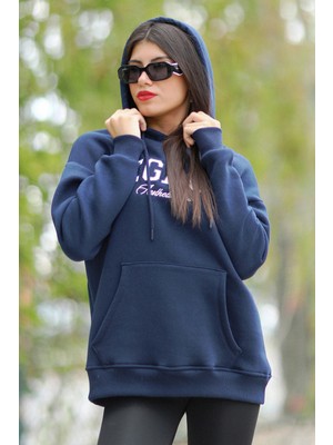 Giysa Kadın Lacivert Legacy Nakışlı Oversize Kapüşonlu Kanguru Cep Şardonlu 3İp Sweat - 2535