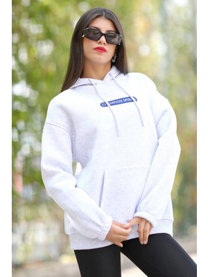 Giysa Kadın Kapüşonlu Sweatshirt Kar Melanj Vintage Baskılı Kanguru Cepli Şardonlu 3İp - 25102