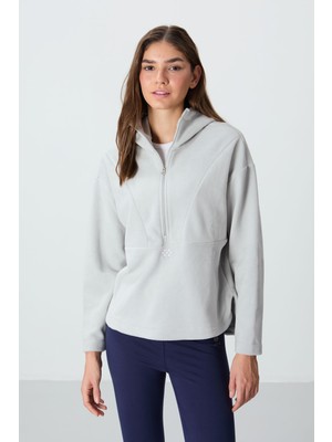 Taş Kalın Yumuşak Dokulu Kapüşonlu Oversize Nakışlı Polar Kadın Sweatshirt -97286