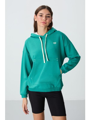 Deniz Yeşili Kompakt Pamuklu Kalın Pürüzsüz Dokulu Kapüşonlu Oversize Fit Kadın Sweatshirt - 97291