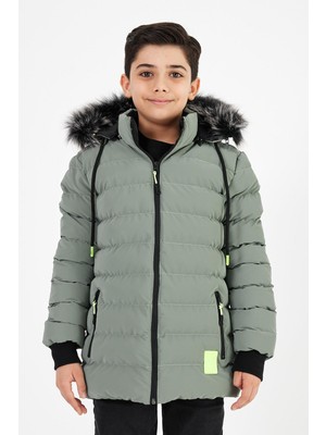 Açık Yeşil Erkek Çocuk Çıkartılabilir Kapüşonlu Şişme Deri Karışımlı Kumaş Mont&kaban