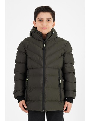 Sivaist Yeşil Erkek Çocuk Sabit Kapüşonlu Şişme Deri Karışımlı Kumaş Mont&kaban
