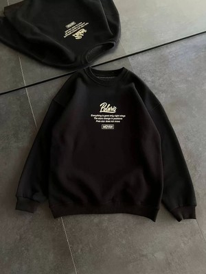 Kışlık Bisiklet Yaka Ön ve Arka Baskılı Sweatshirt - Siyah