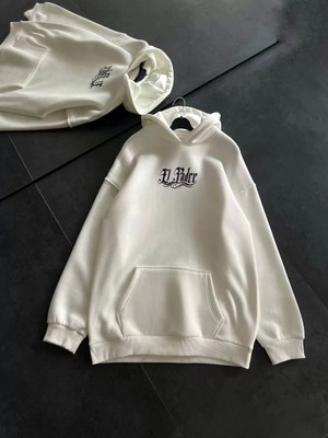 Üç Iplik Penye Uzun Kol Kapşonlu Baskılı Sweatshirt - Beyaz