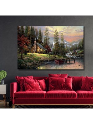 Gaagart Tekli Yatay Kanvas Manzara Duvar Tablosu Nehir Kenarındaki Ev