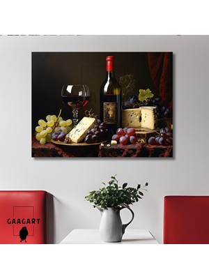 Gaagart Tekli Yatay Kanvas Cafe Bar Duvar Tablosu Şarap Üzüm ve Peynir