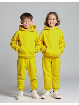 Minojoy Uthar Kükürt Yayı Pamuklu Kapşonlu Çocuk Sweatshirt Eşofman Altı Takım