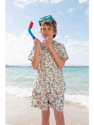 Minojoy Mint Kuş Baskı Desenli Erkek Çocuk Şort Gömlek Takım