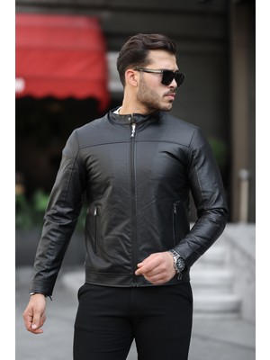 Mero Life Erkek Slim Fit Deri Ceket Mont Siyah Düz Desenli Premium Kalite