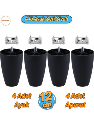 Badem10 Oval 4 Adet Plastik Ayak 12 cm Siyah Mobilya Sehpa Kanepe Koltuk Ayağı Baza Ayakları Aparat Dahil