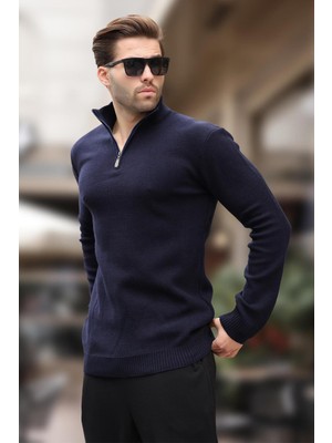 Lacivert Fermuar Yaka Uzun Kollu Örme Kazak 7286