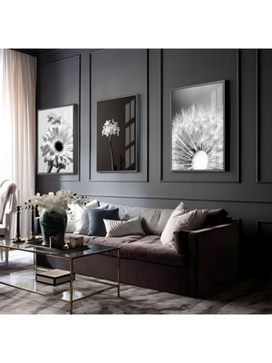 Harikabirev Beyaz-Siyah Çiçek Kombini 01 |Çerçeveli Cam Tablo  3lü Dikey