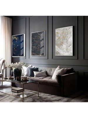 Harikabirev Mavi-Gold-Gri Soyut Kombin |Çerçeveli Cam Tablo  3lü Dikey