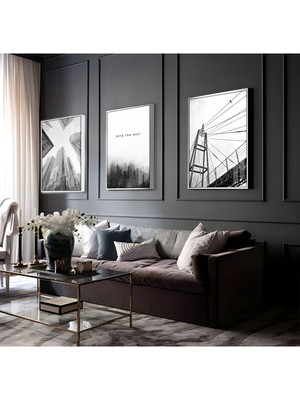 Harikabirev Siyah-Beyaz Bina Manzara  Kombin |Çerçeveli Cam Tablo 3lü Dikey