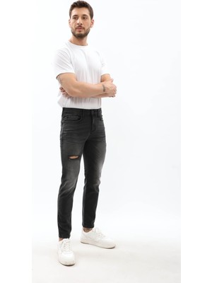 Erkek Slim Fit Yırtık Detay Antrasit Jean Pantolon