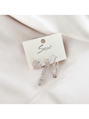 Shesra Silver Renk Taşlı Üçlü Set Küpe