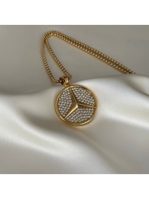 Laria Jewelry Mercedes Amblemli Taşlı Gold Kolye Küçük Boy