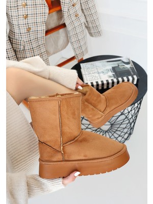 Içi Kürklü Dolgu Topuklu Bot Süet Taba Topuk Boyu 4 cm