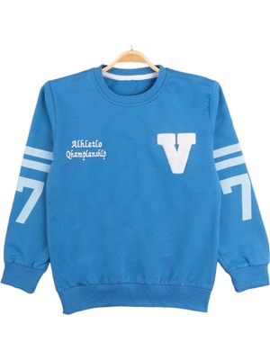 Erkek Çocuk Önü V Nakışlı Kolları Sayı Desenli Mavi Renk Sweatshirt