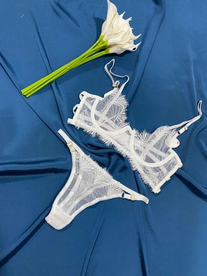 Blue Moonlight Lingerie Ekru Dantel Tül Işlemeli Sütyen Külot Takım